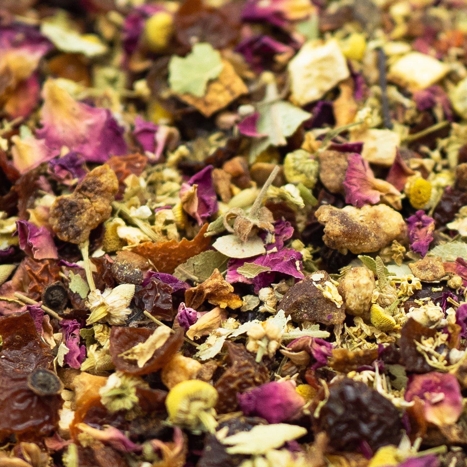 A close up of Chamomile + Pear loose fruit tea from TEA23. Shop the range of TEA23 loose teas and infusions