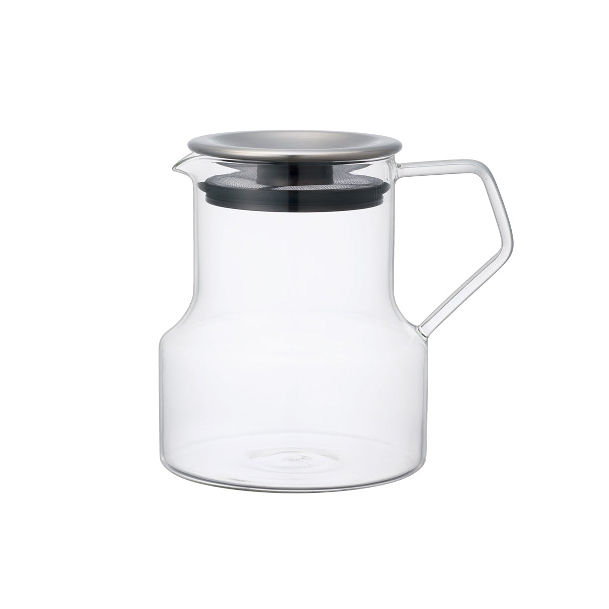 Clear glass teapot with a metal lid on a white background