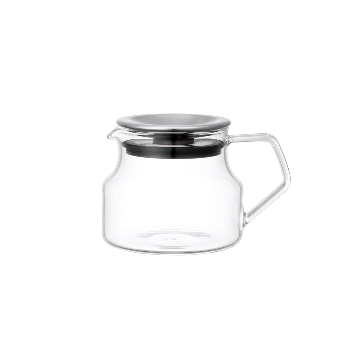 Clear glass tea pot by Kinto with a stainless steel lid shown on a plain white background.