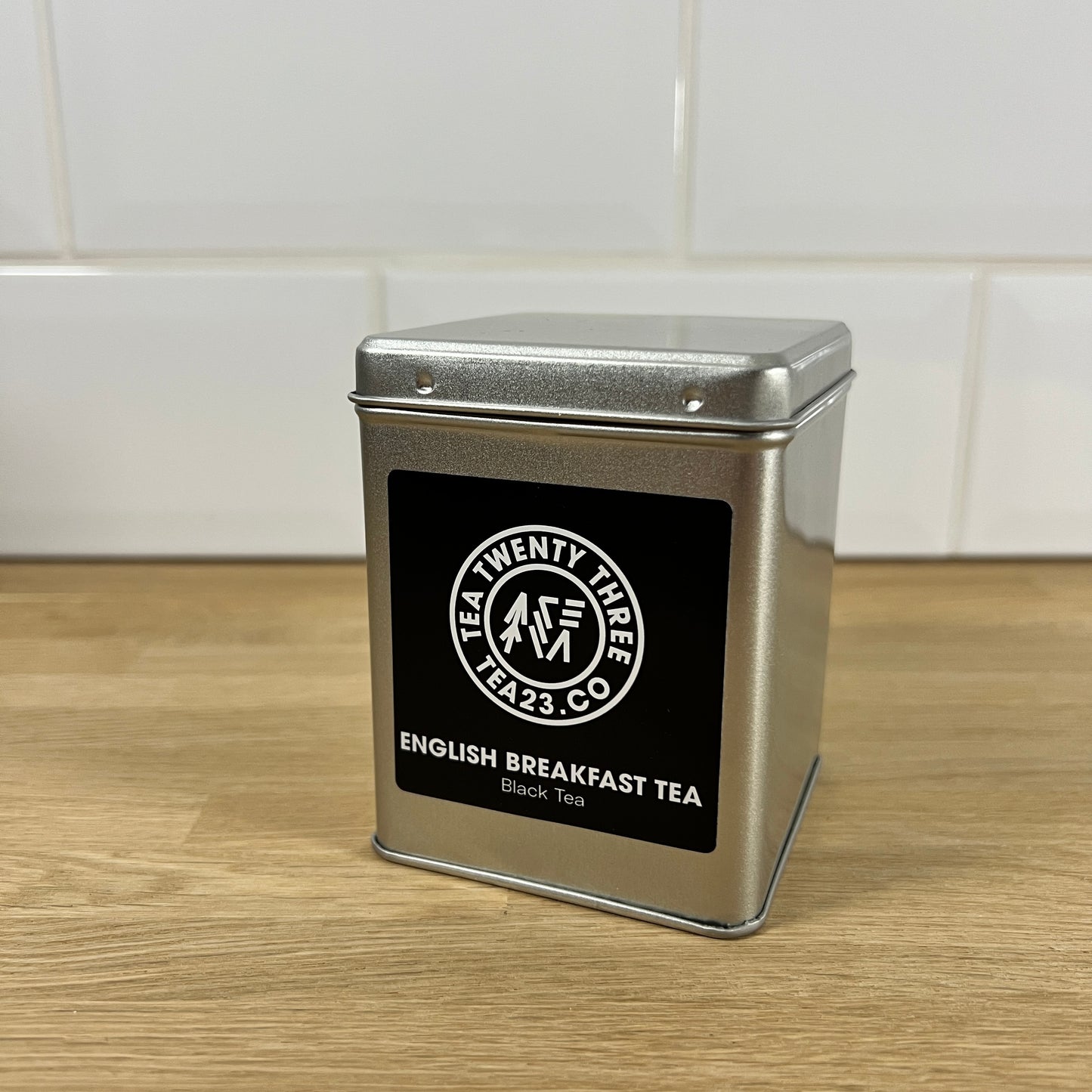 A silver gift tin of loose leaf English Breakfast Tea