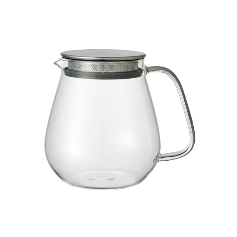 A clear glass UNITEA ONE TOUCH tea pot with a stainless steel lid and handle, on a white background.