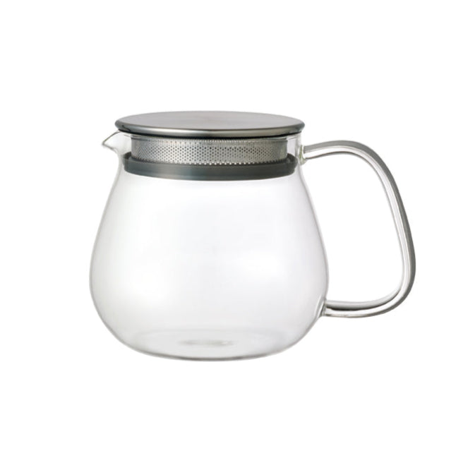 A clear glass UNITEA ONE TOUCH tea pot with a stainless steel lid and handle, designed for making loose leaf tea.