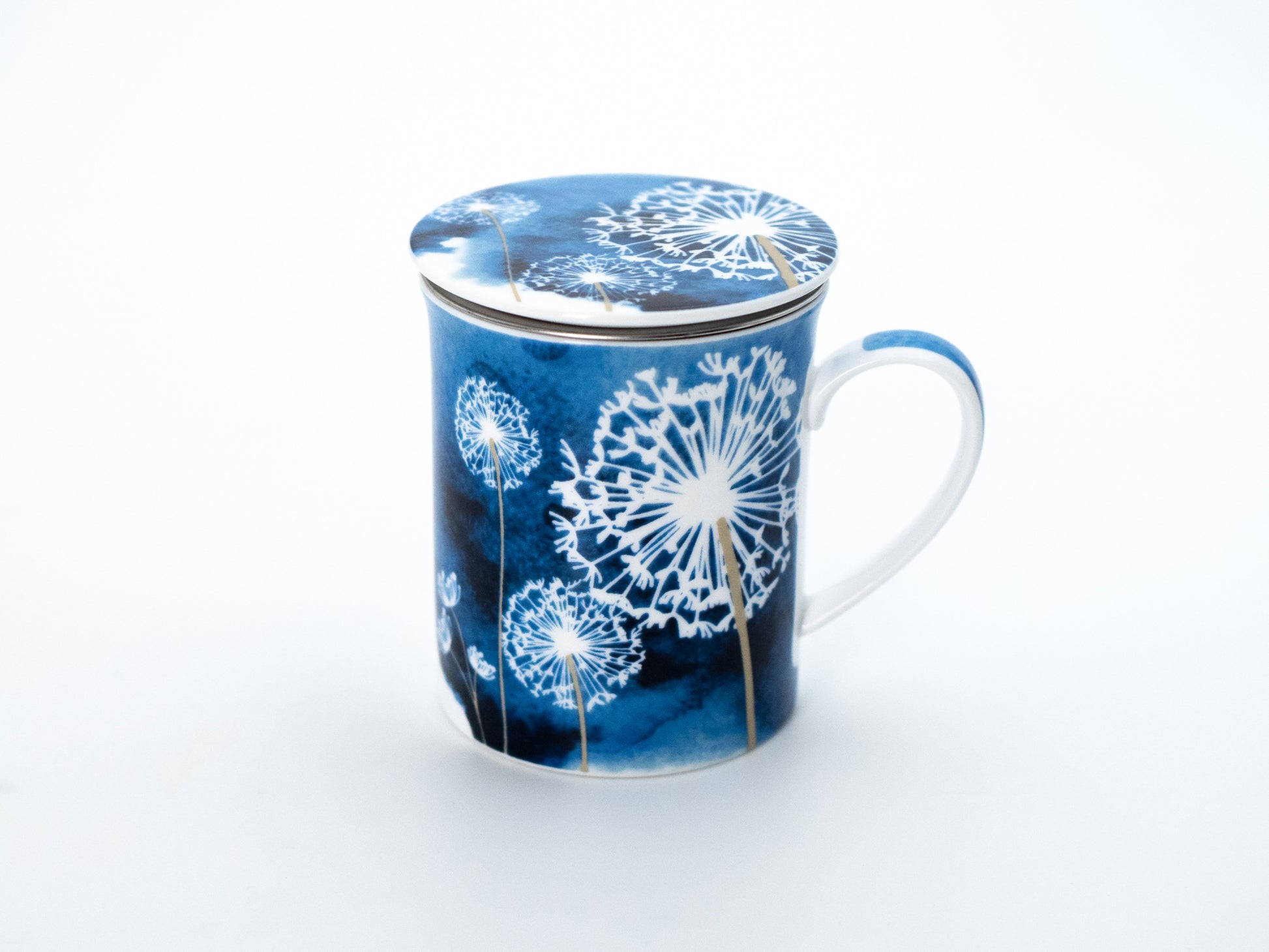 Blue dandelion porcelain infuser mug and lid