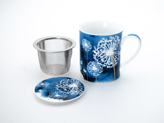 Blue dandelion porcelain infuser mug and lid with stainless steel infuser basket