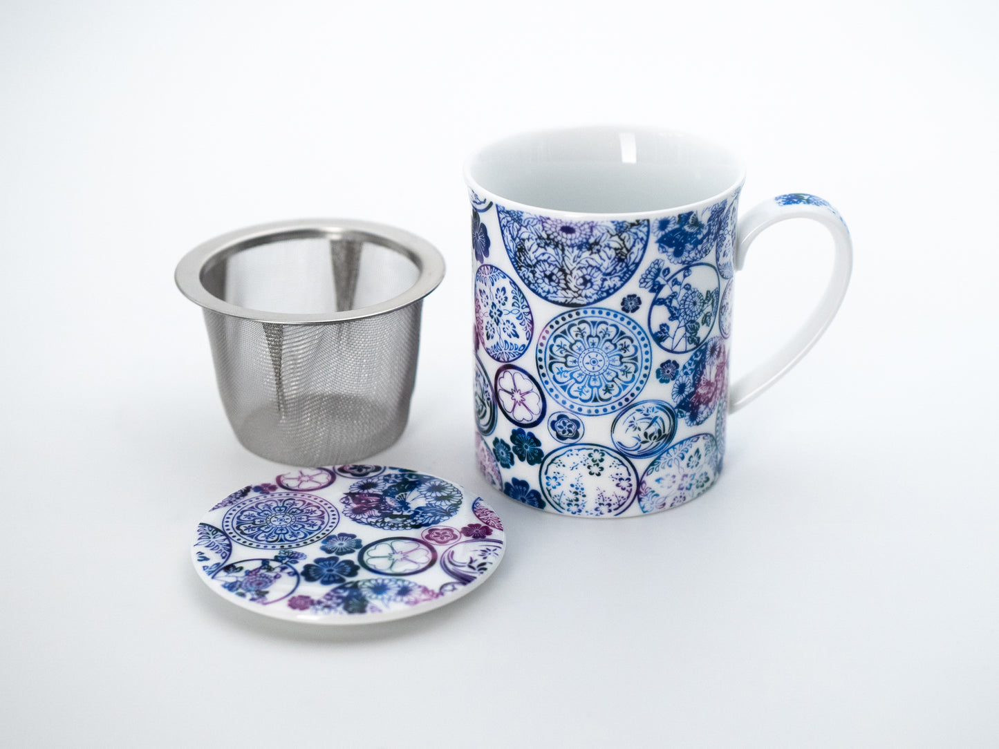 Blue mandala porcelain infuser mug and lid with stainless steel infuser basket