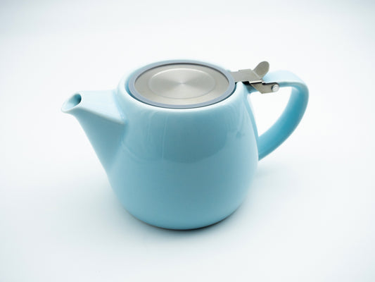 Light blue porcelain stump tea pot with stainless steel lid and infuser basket
