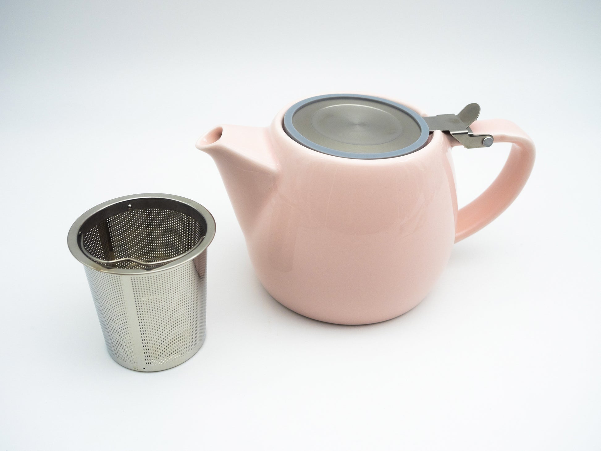 Pink porcelain stump tea pot with stainless steel lid and infuser basket