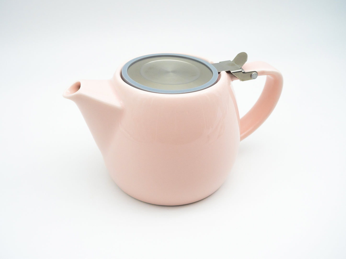 Light pink porcelain tea pot with stainless steel lid and infuser basket