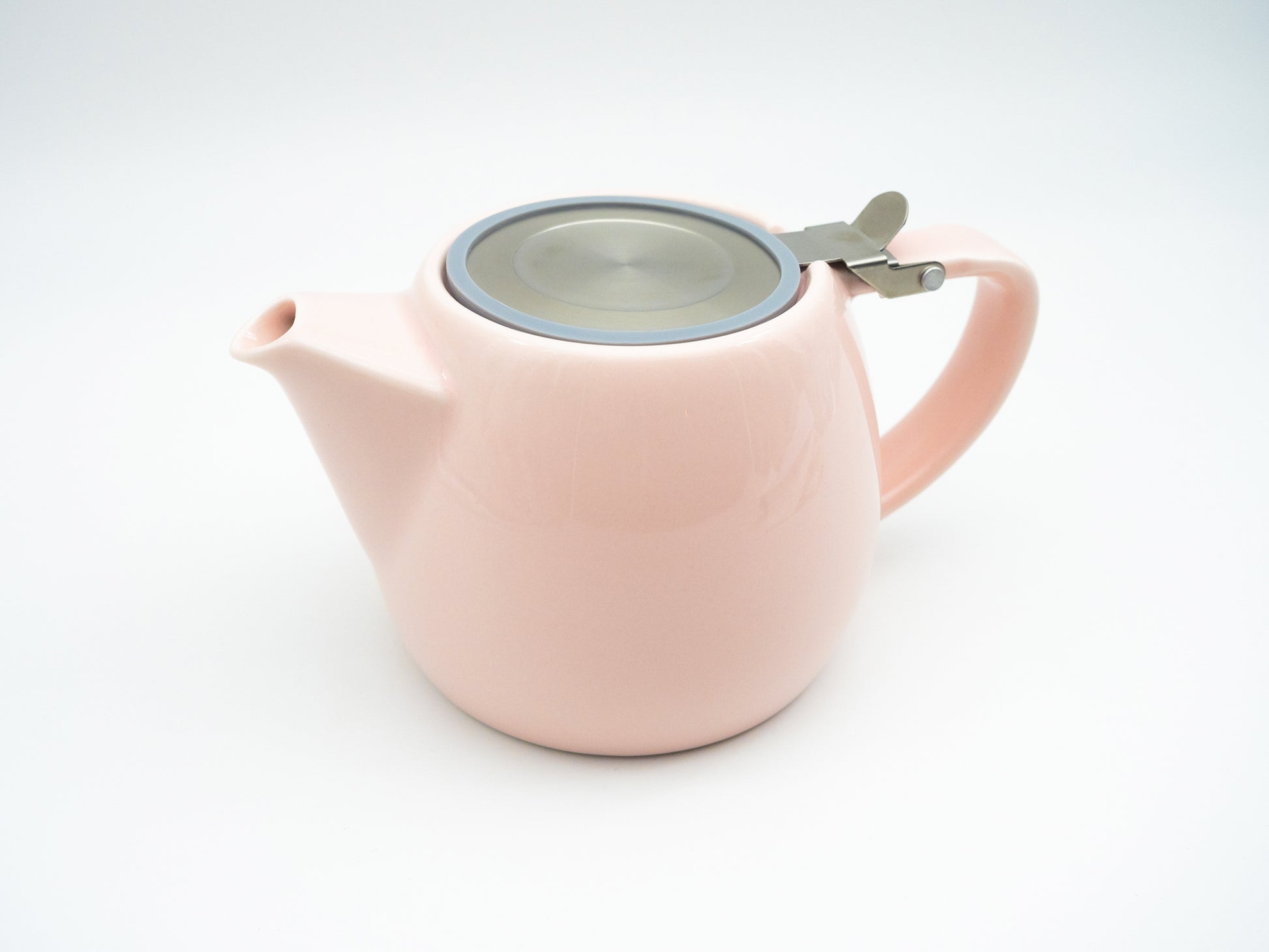 Light pink porcelain tea pot with stainless steel lid and infuser basket