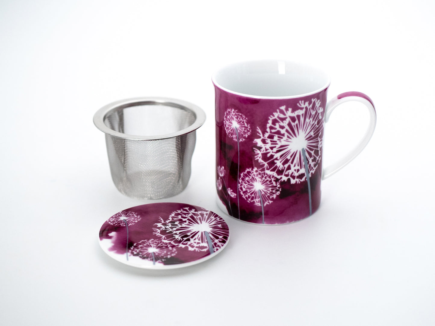 Pink dandelion porcelain infuser mug and lid with stainless steel infuser basket