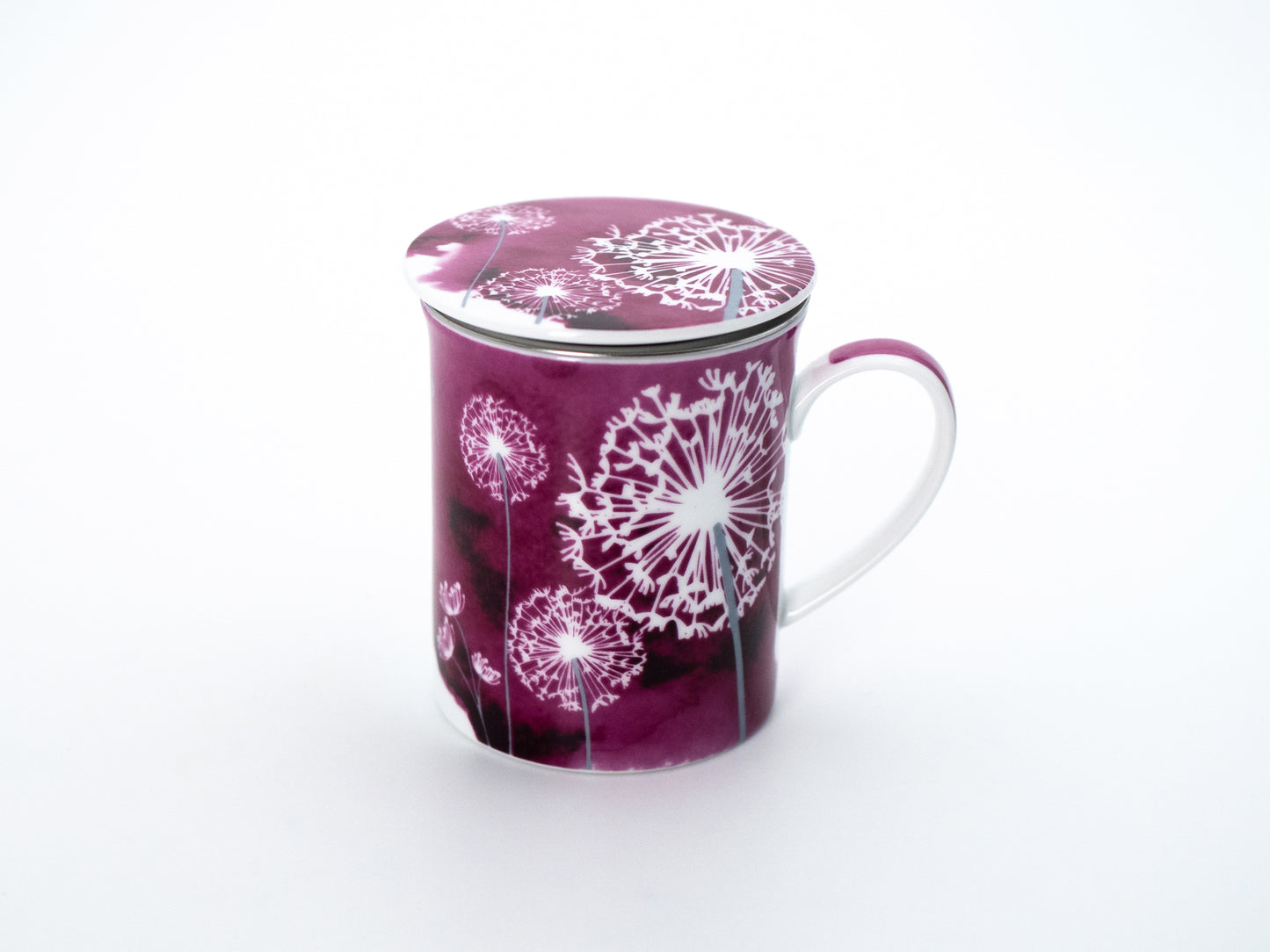 Pink dandelion porcelain infuser mug and lid