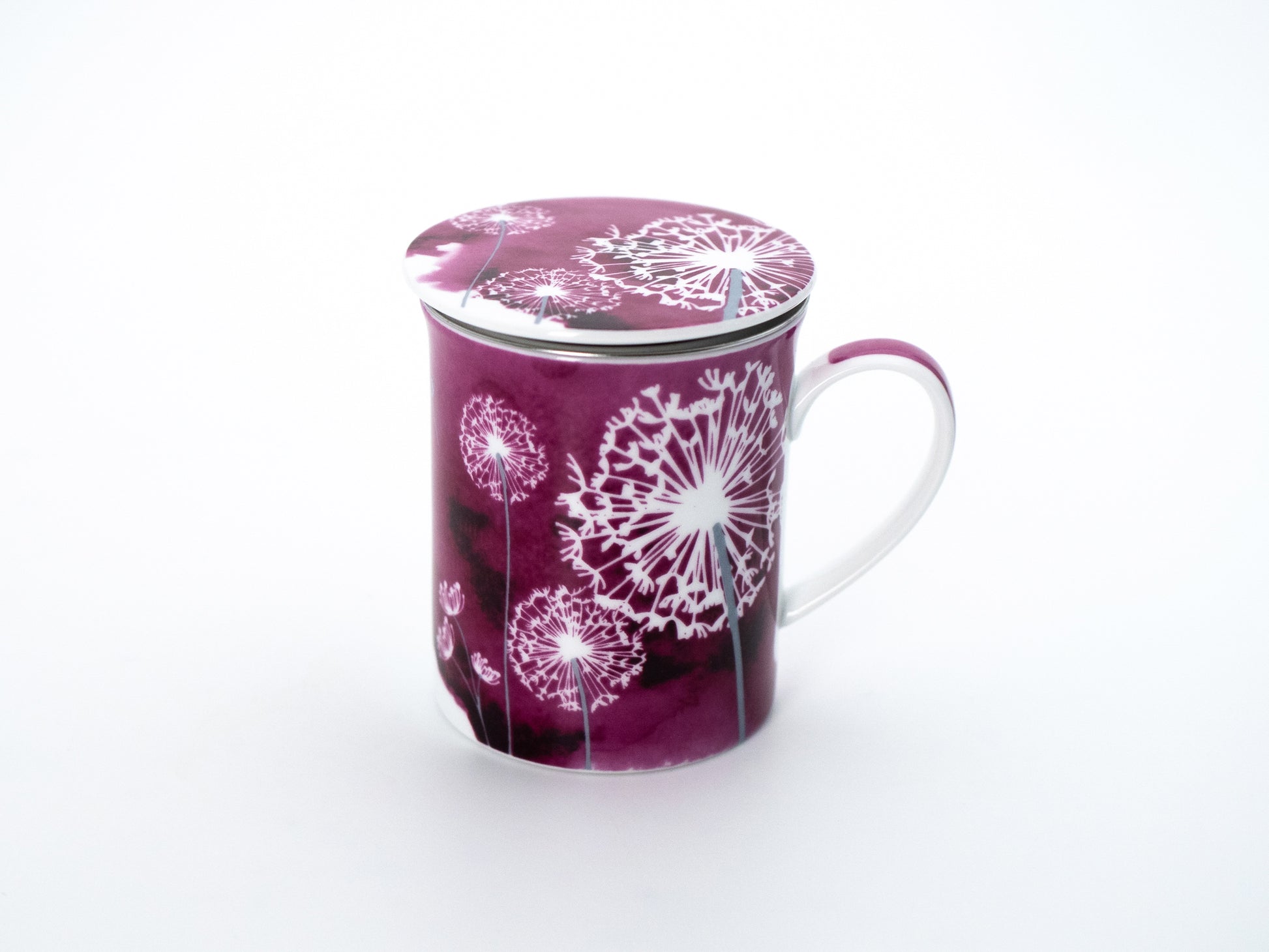 Pink dandelion porcelain infuser mug and lid