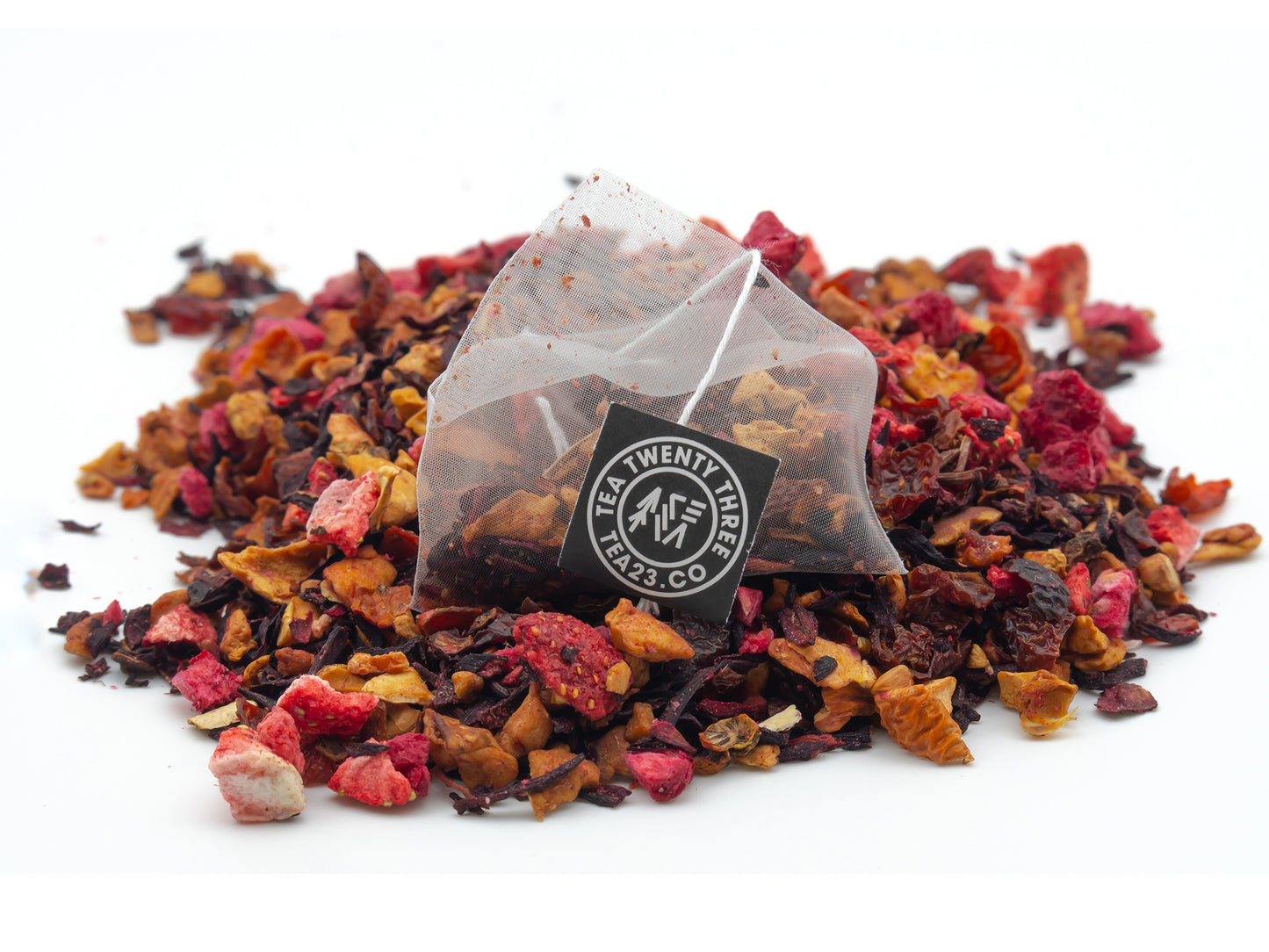 Red Berry fruit tea in a pyramid tea bag from TEA23