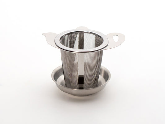 Tea pot shaped stainless steel infuser basket and drip tray